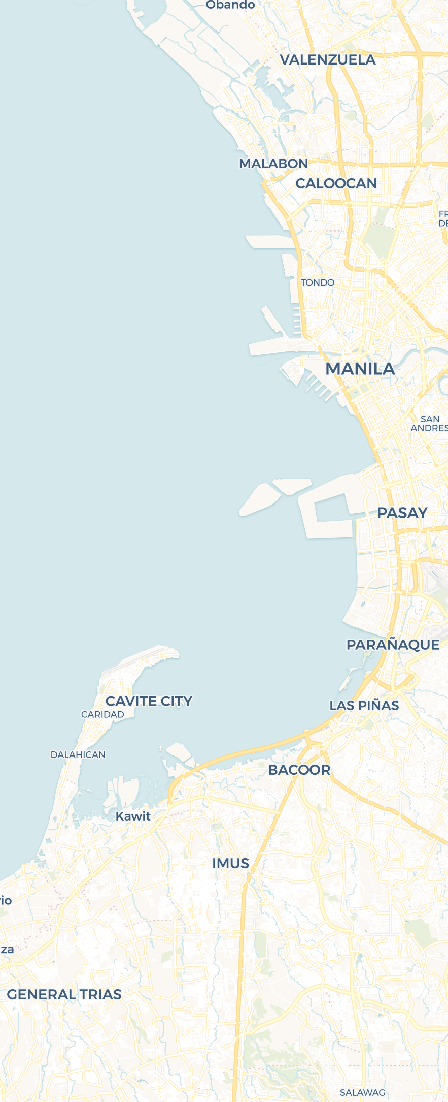 Map of Metro Manila and Cavite showing the three places where footage is needed